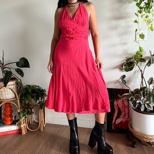 vintage hot pink 100% silk midi dress glam halter dress